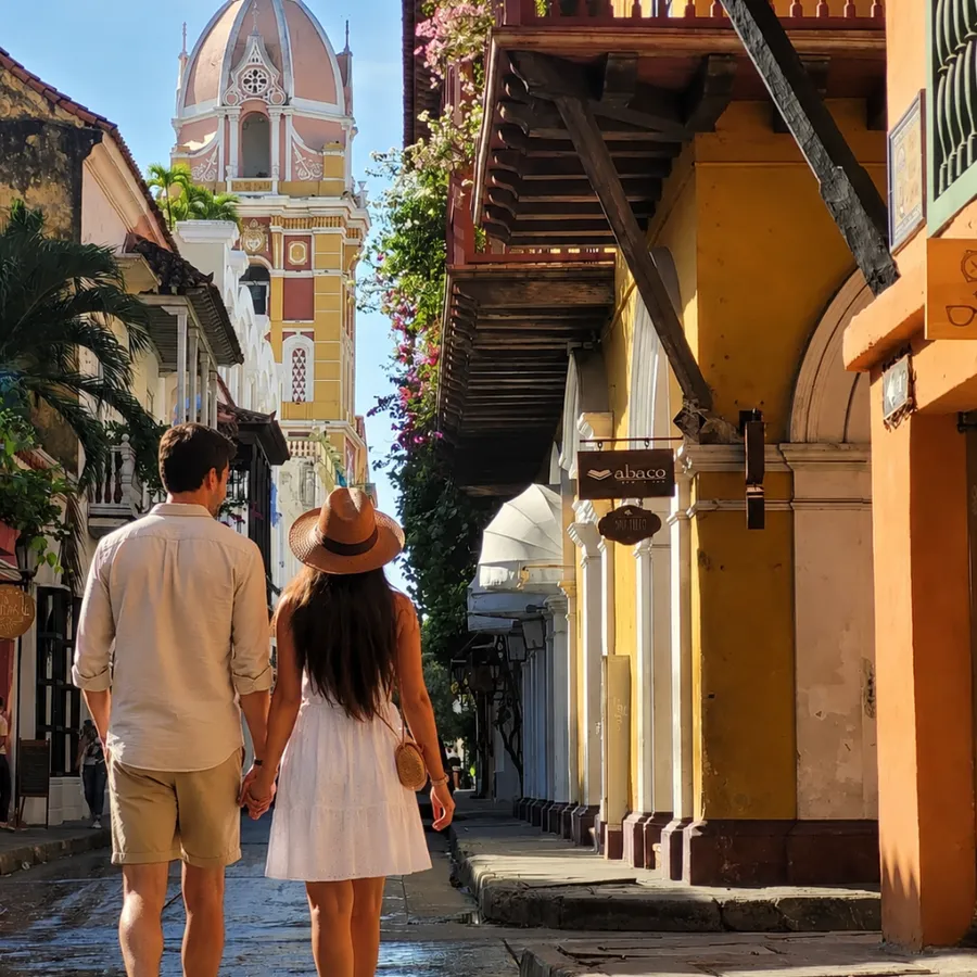 Pareja caminando de la mano por la ciudad amurallada de Cartagena