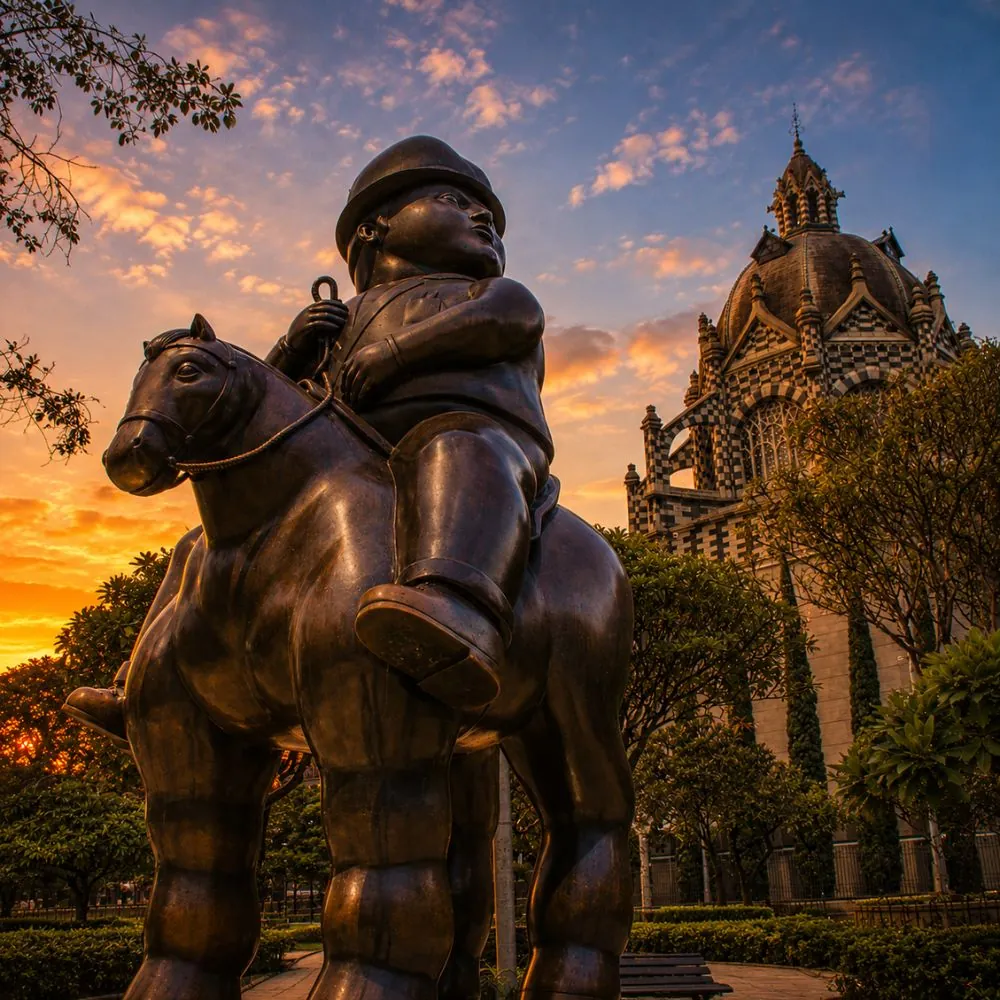 Escultura de Botero frente al Palacio de la Cultura en la Plaza Botero de Medellín al atardecer: clubes swinger en Medellín