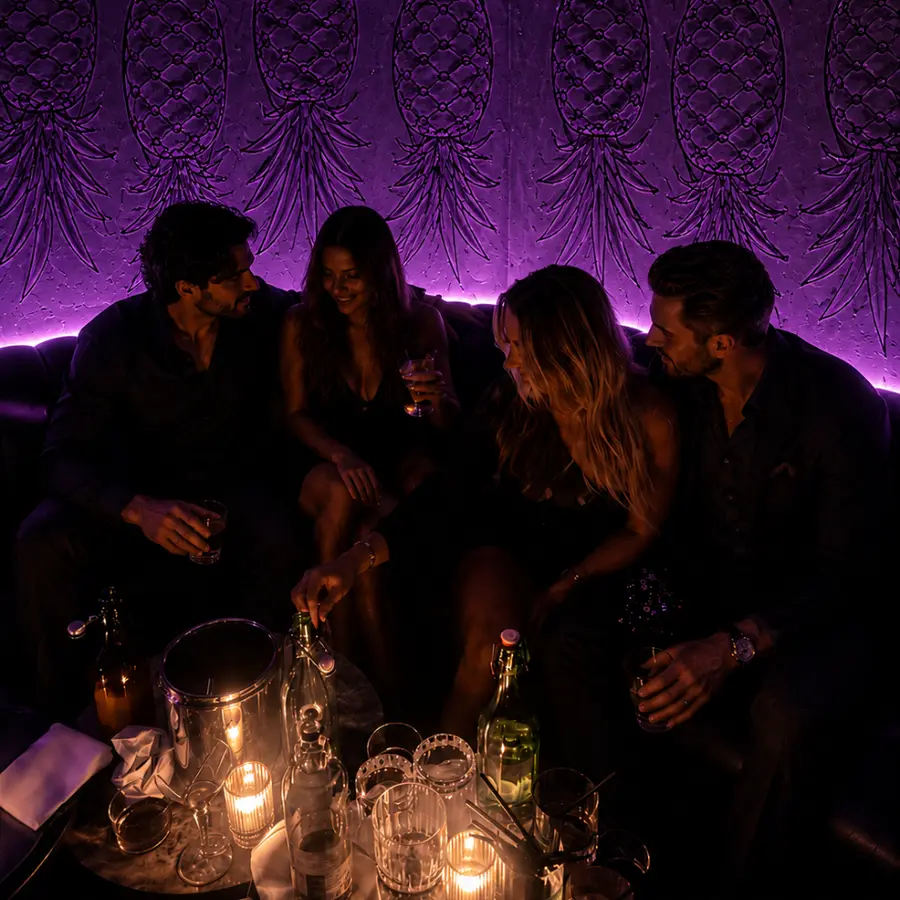 Dos parejas conversando en el sofá de un club lifestyle en Colombia, con copas sobre la mesa y luz violeta