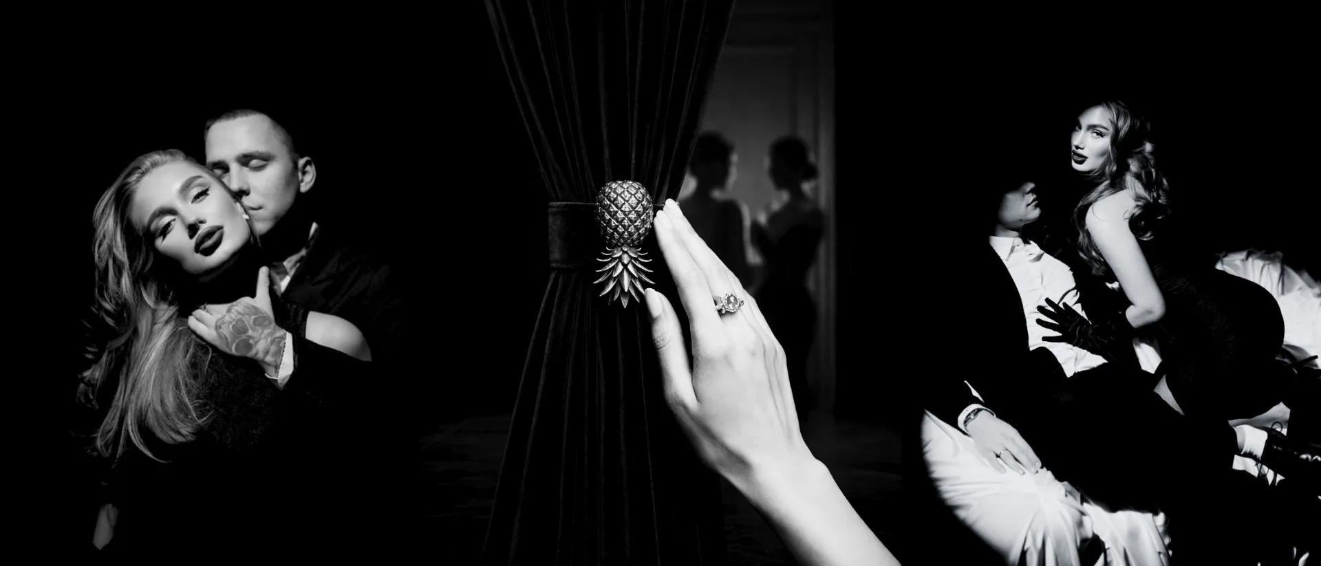 Tríptico en blanco y negro: parejas elegantes y la piña invertida, símbolo del ambiente swinger
