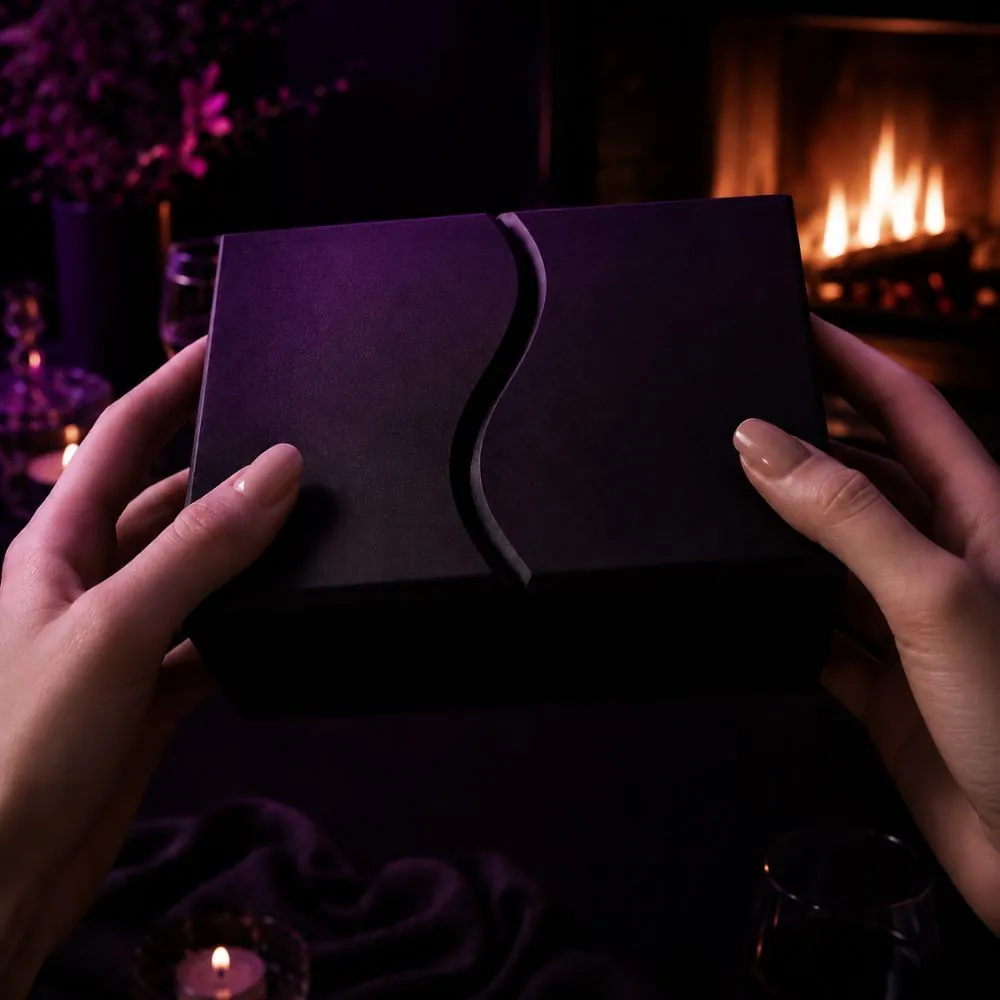 Dos manos sosteniendo el estuche cerrado de Spicy Cards frente a una chimenea encendida, con velas y copas alrededor