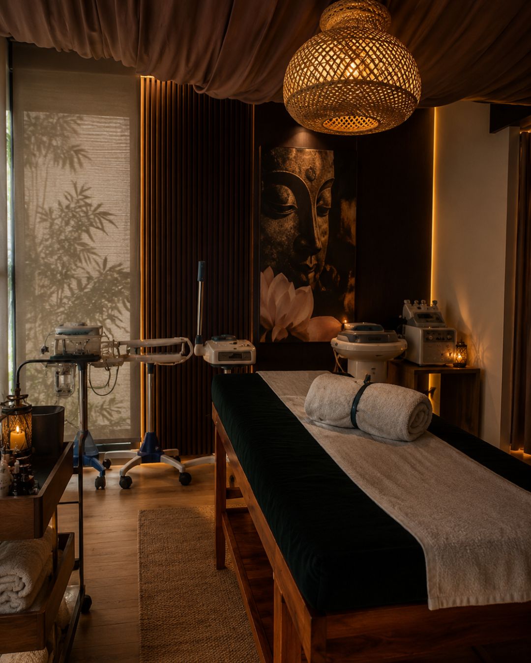 Cabina de masaje de Zoe Thai Spa con camilla, toallas, mural de Buda y equipos de estética